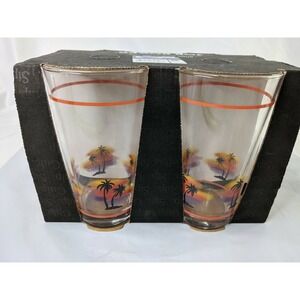 Joe Boxer Palm Trees Sunset Glasses Cup Lot of 4 16 oz‎ Drinkware